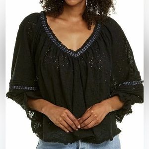 Free People ‘Darcy’ Blouse Eyelet Lace Top Black Women’s Medium Bohemian